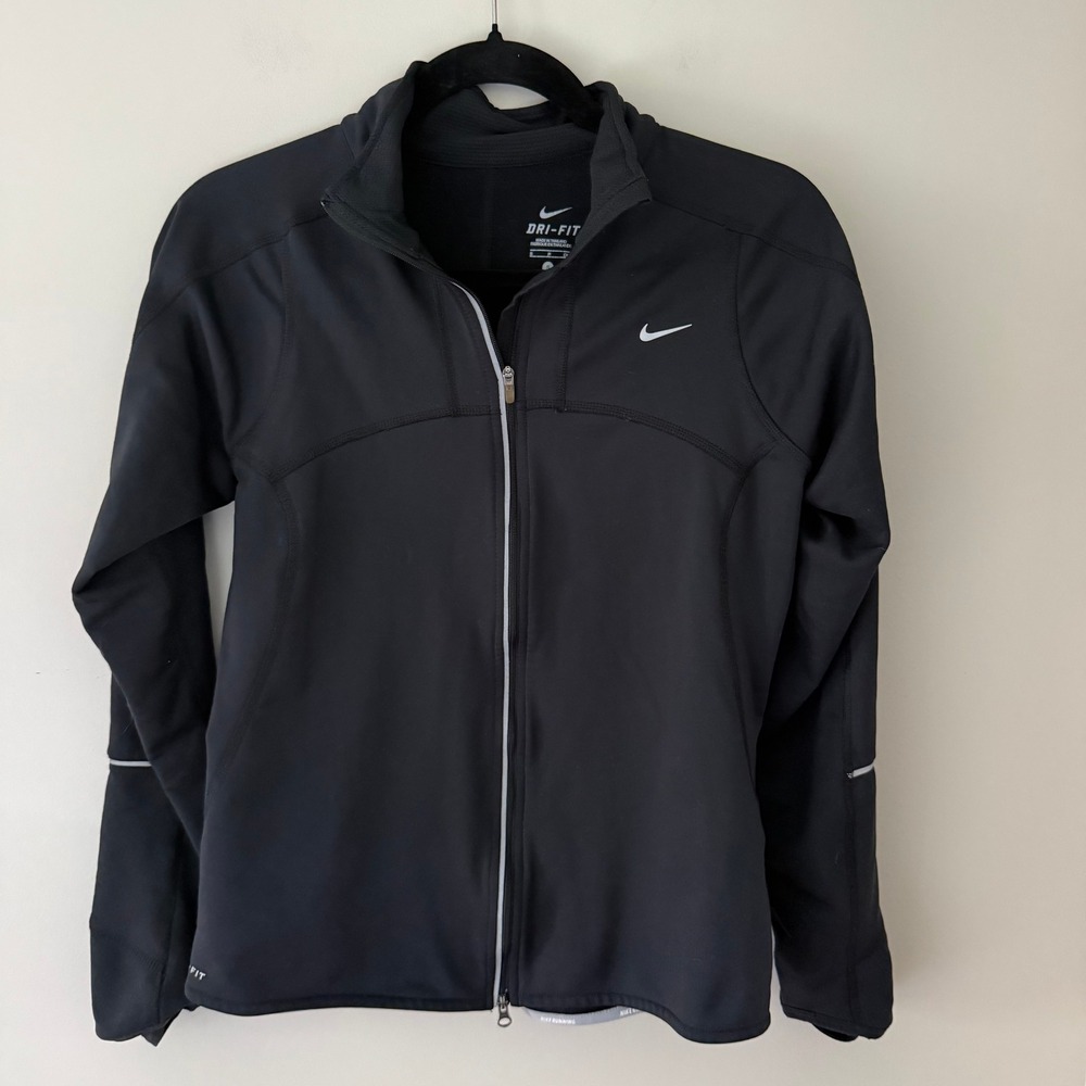 Nike‎ Dri-FIT Running Jacket Womens Small Black Full Zip Reflective Track Coat